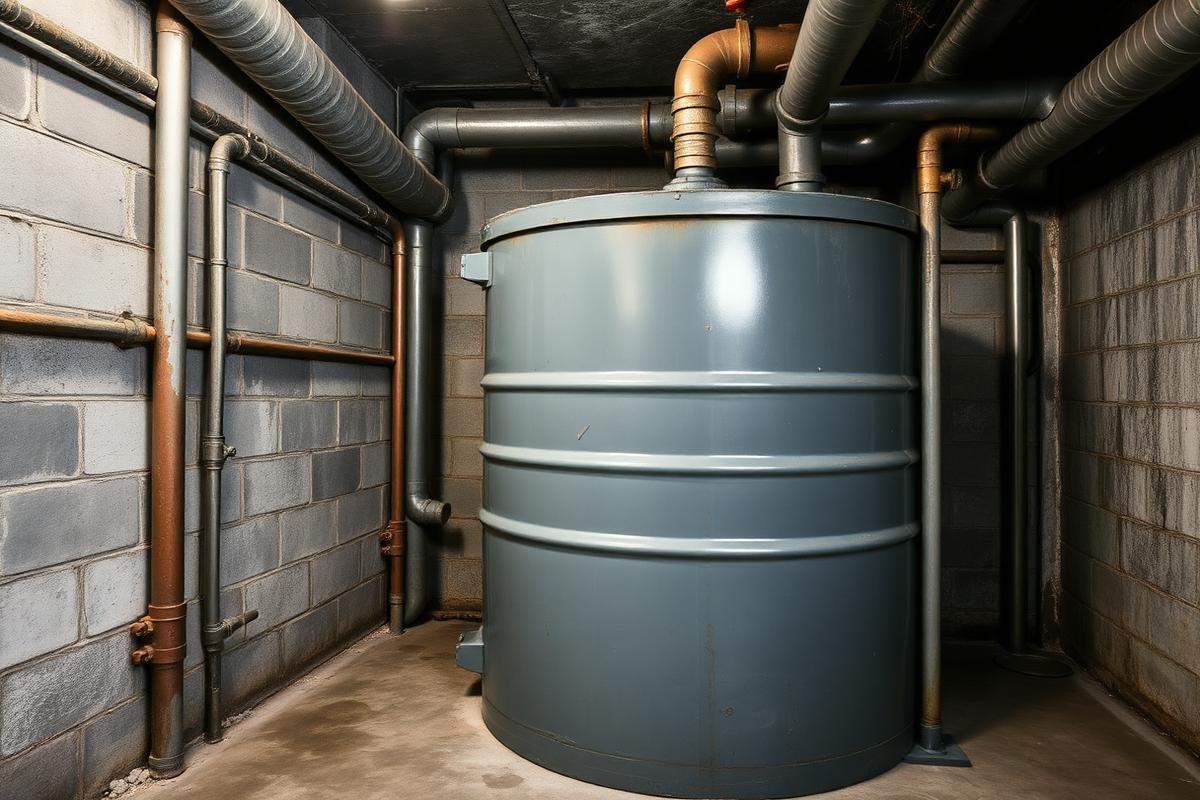 Bovengrondse metalen stookolietank in een kelder, gekeurd door Tankservice Degros