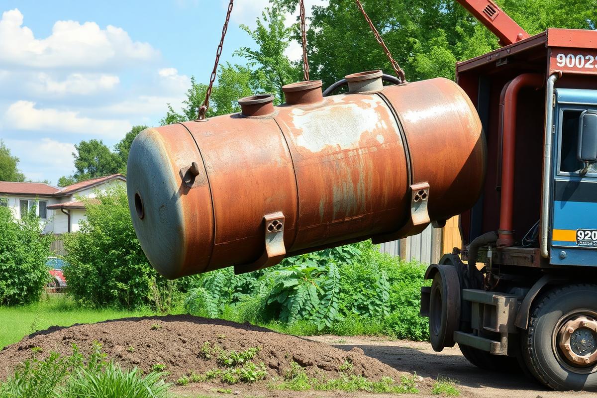 Graafmachine die een oude ondergrondse stookolietank uitgraaft